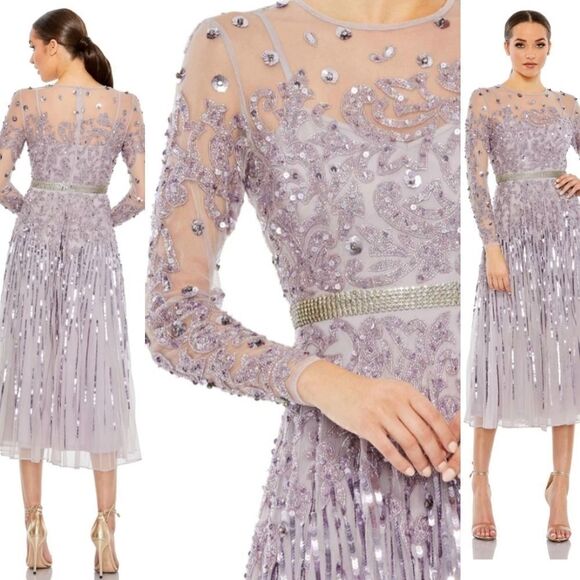 $598 NEW 16 MAC DUGGAL LILAC PURPLE LONG SLEEVE TEA MIDI LENGTH DRESS XL NWT - Picture 1 of 3